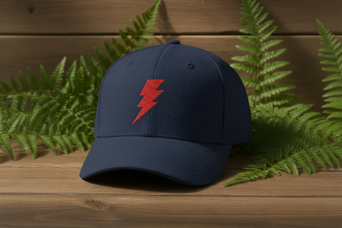 Navy cap with red lightning bolt